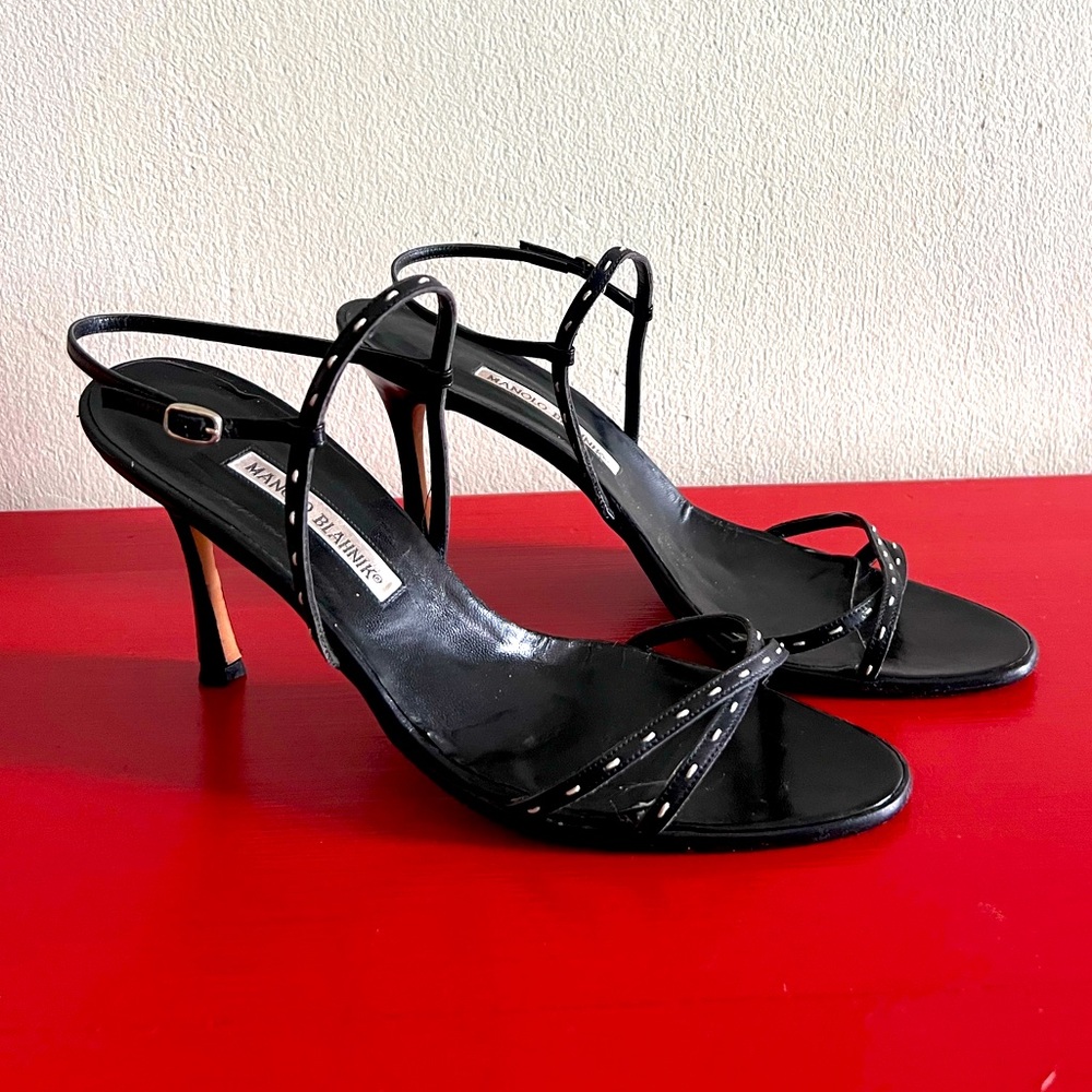 Manolo Blahnik strappy stillettos, black leather, sz 41.5 - Picture 11 of 11
